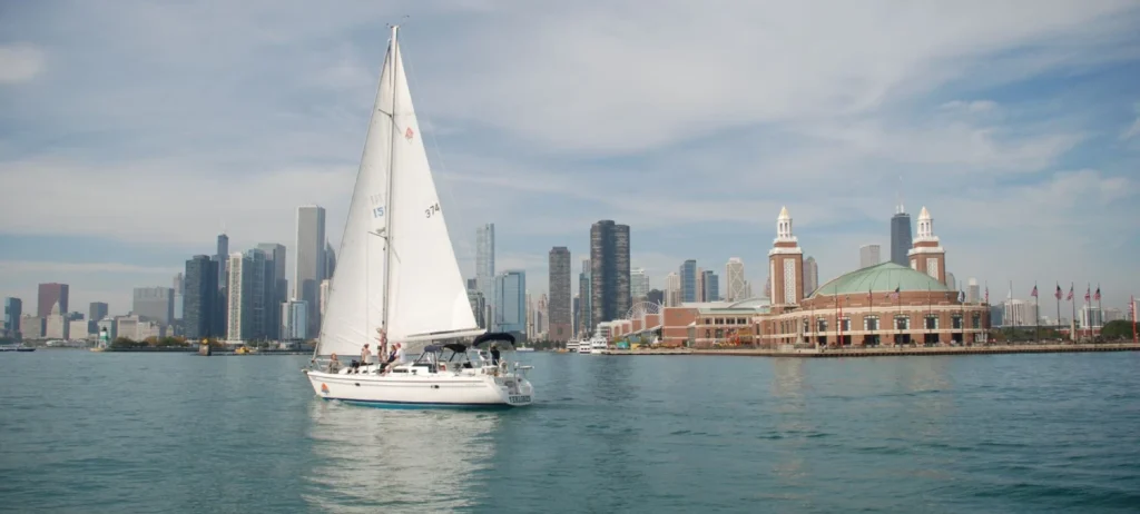 Daytime sailboat cruise on Lake Michigan with the Chicago skyline in the background
